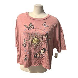 No Boundaries Pink Butterfly & Sun Graphic Cropped T-Shirt Sz XXL Womens